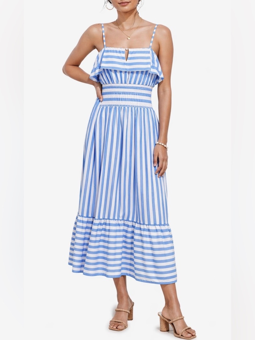 Vineyard Vines Stripe Smocked Waist Midi Dress in Tide Blue / White | Size Small